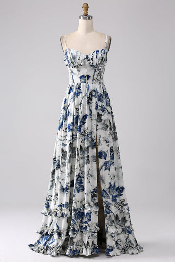 Vestido de fiesta largo con corsé estampado azul plisado con abertura